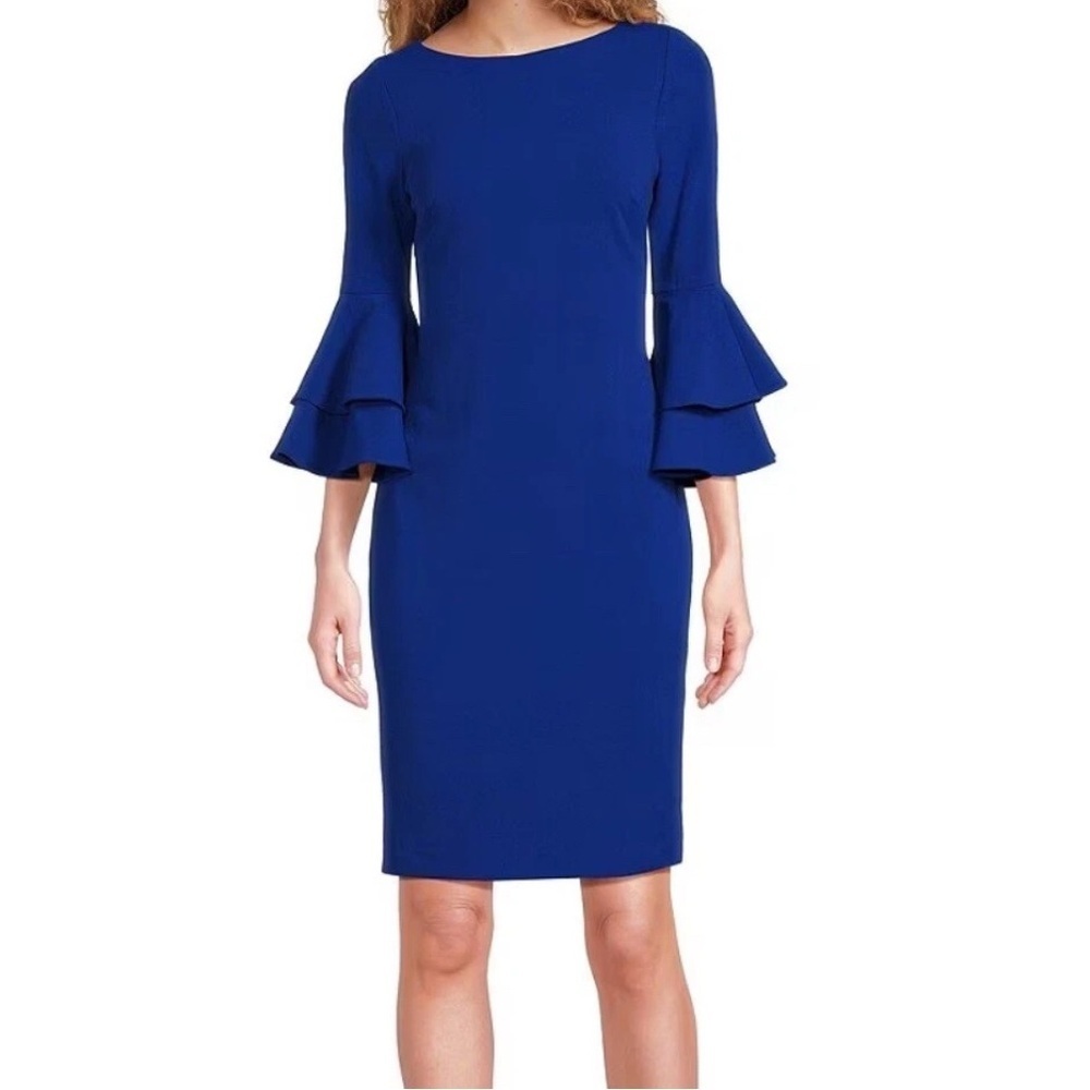 Women’s Royal Blue Calvin Klein Midi Dress Ruffle 3/4 Sleeves Size 6